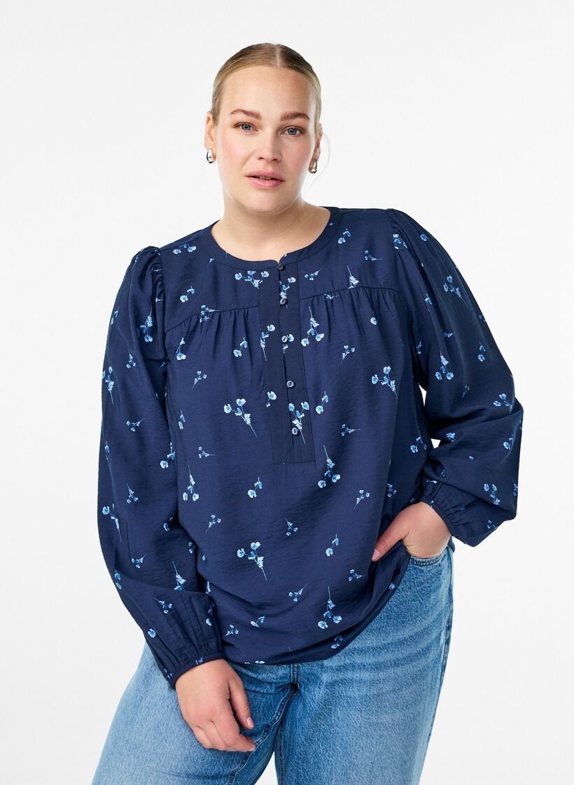 Blouse with button fastening and small flowers, Blue, Model image number 0
