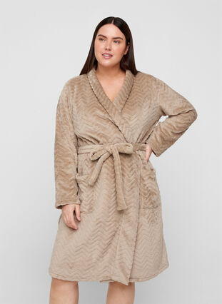 Short patterned dressing gown with pockets, Cuban Sand, Model image number 0