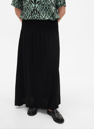 FLASH - Viscose maxi skirt with smocking, Black, Model image number 1