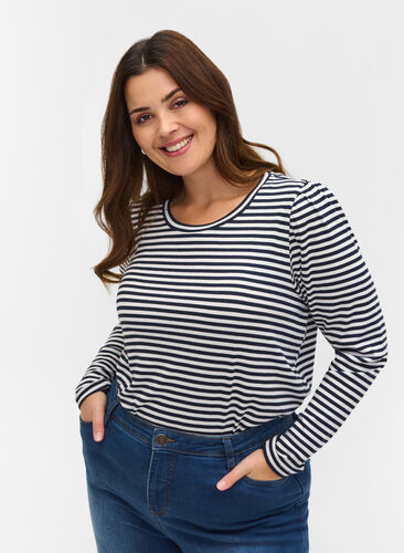 Striped long-sleeved blouse, N. Sky/White Stripe, Model image number 0