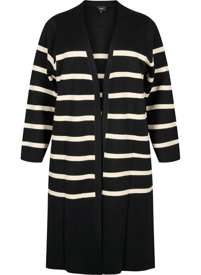 Striped knit cardigan in viscose blend, Black w. Birch, Packshot image number 0