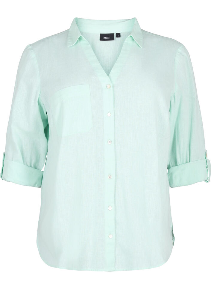 Shirt blouse with button closure in cotton-linen blend, Brook Green, Packshot image number 0