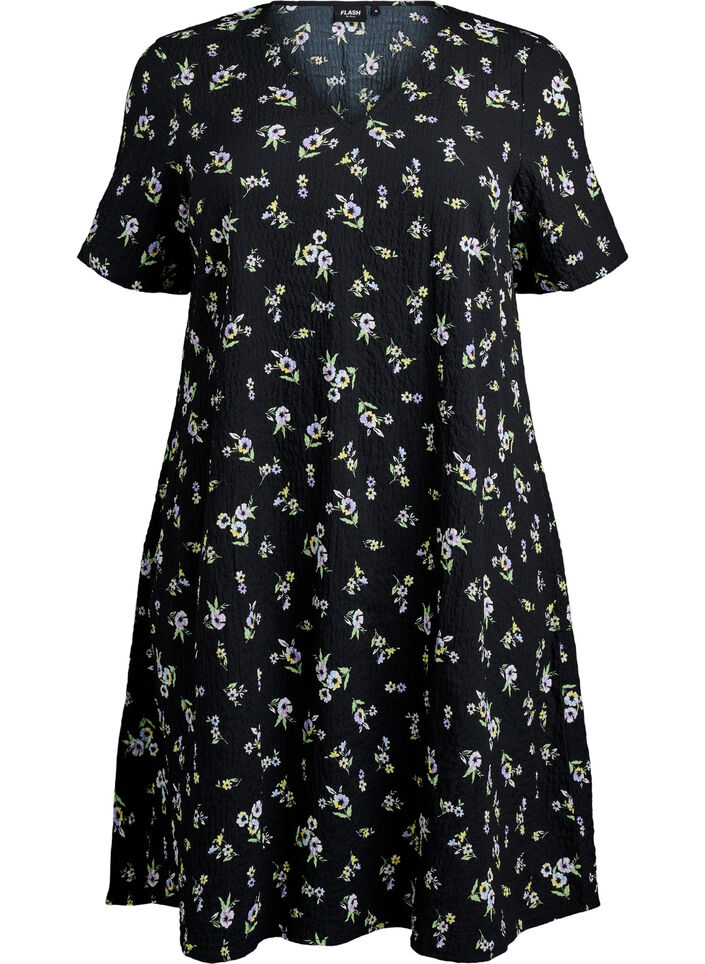 Short-sleeved dress with a V-neck, Black, Packshot image number 0