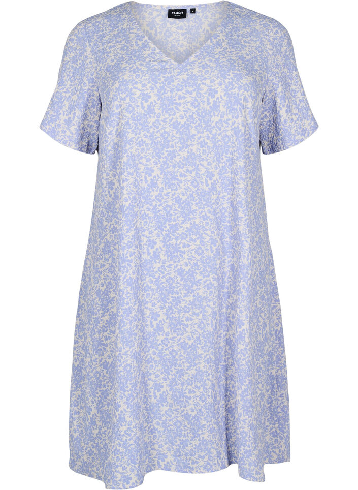 Short-sleeved dress with V-neck, Blue, Packshot image number 0