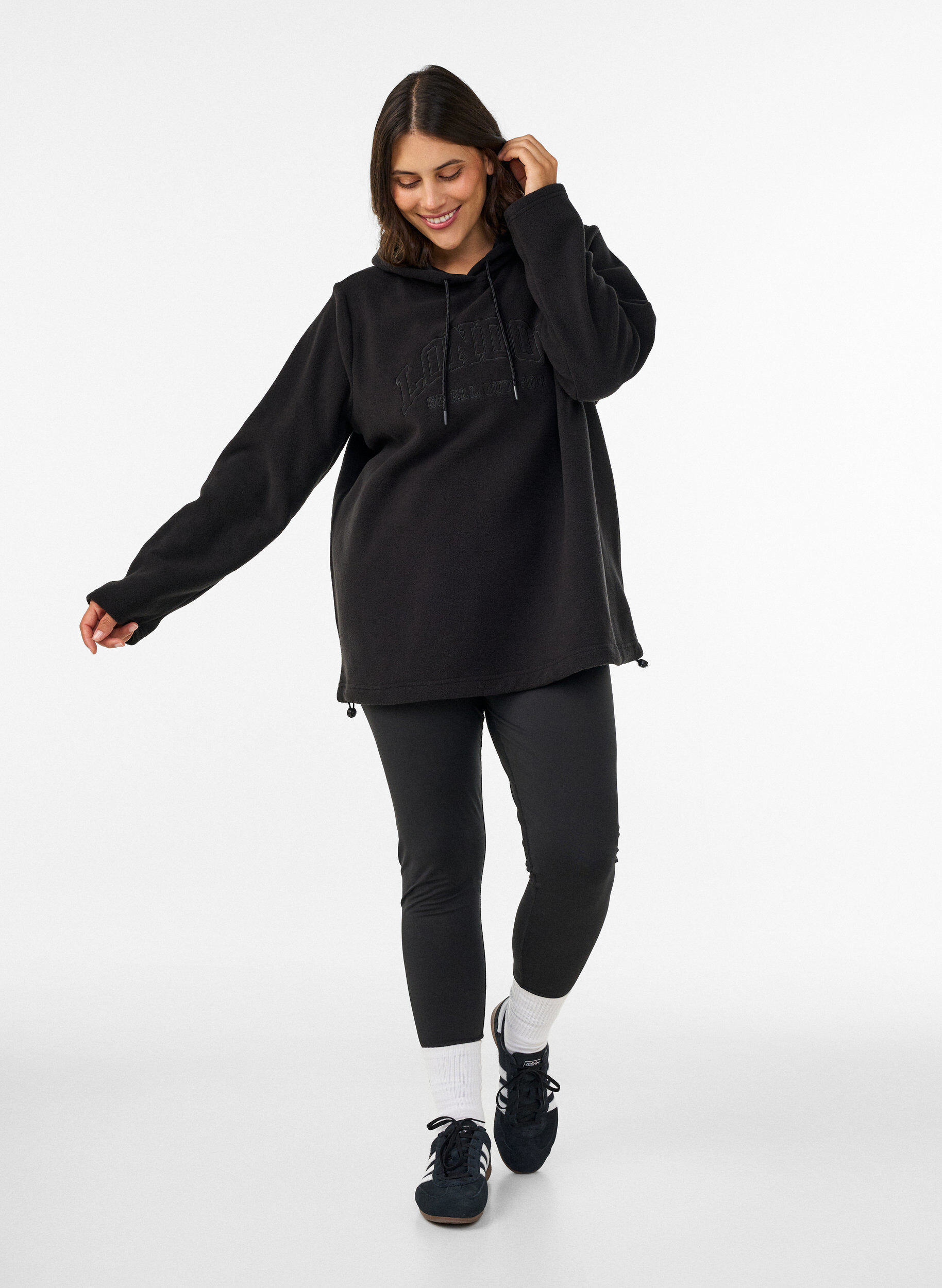 ZizzifashionFleece hoodie with a high neck and embroidered text, Black, Model image number 1