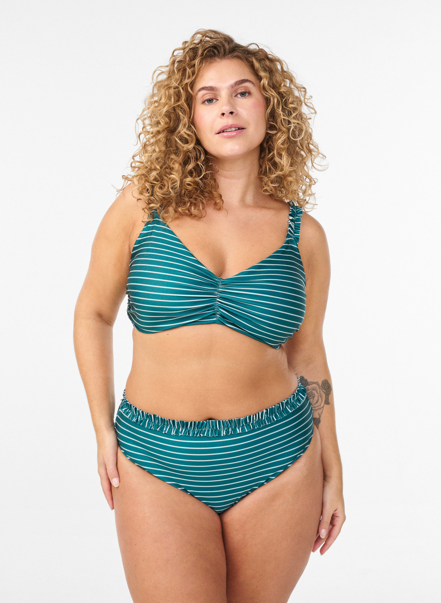 Striped bikini top with removable padding, Green, Model