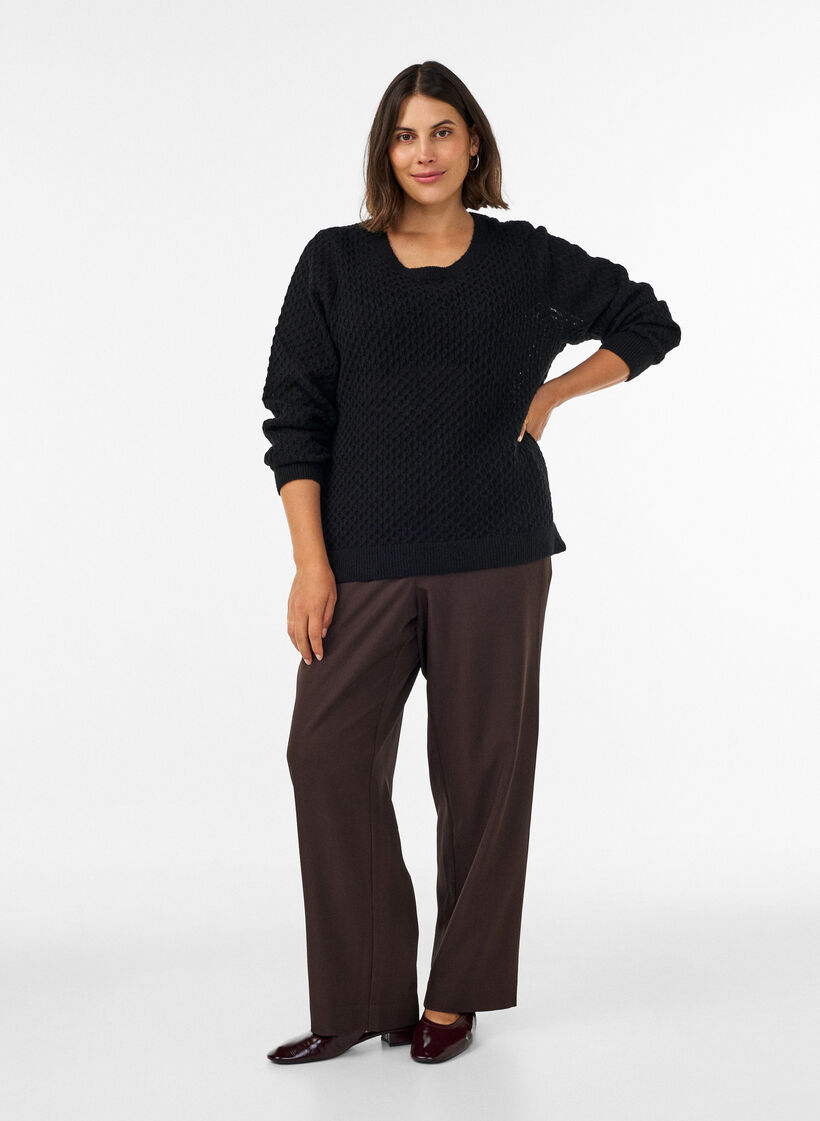 Knitted blouse with a textured openwork pattern, Black, Model image number 1