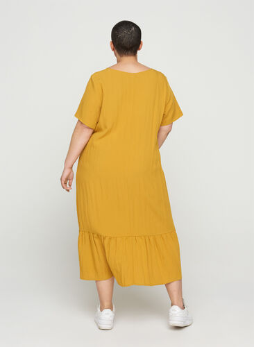 Short-sleeved viscose dress with v-neck, Harvest Gold, Model image number 1