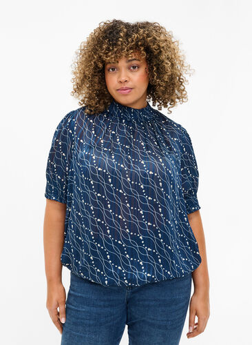 Short-sleeved smock blouse with print, Dress Bl. Swirl AOP, Model image number 0