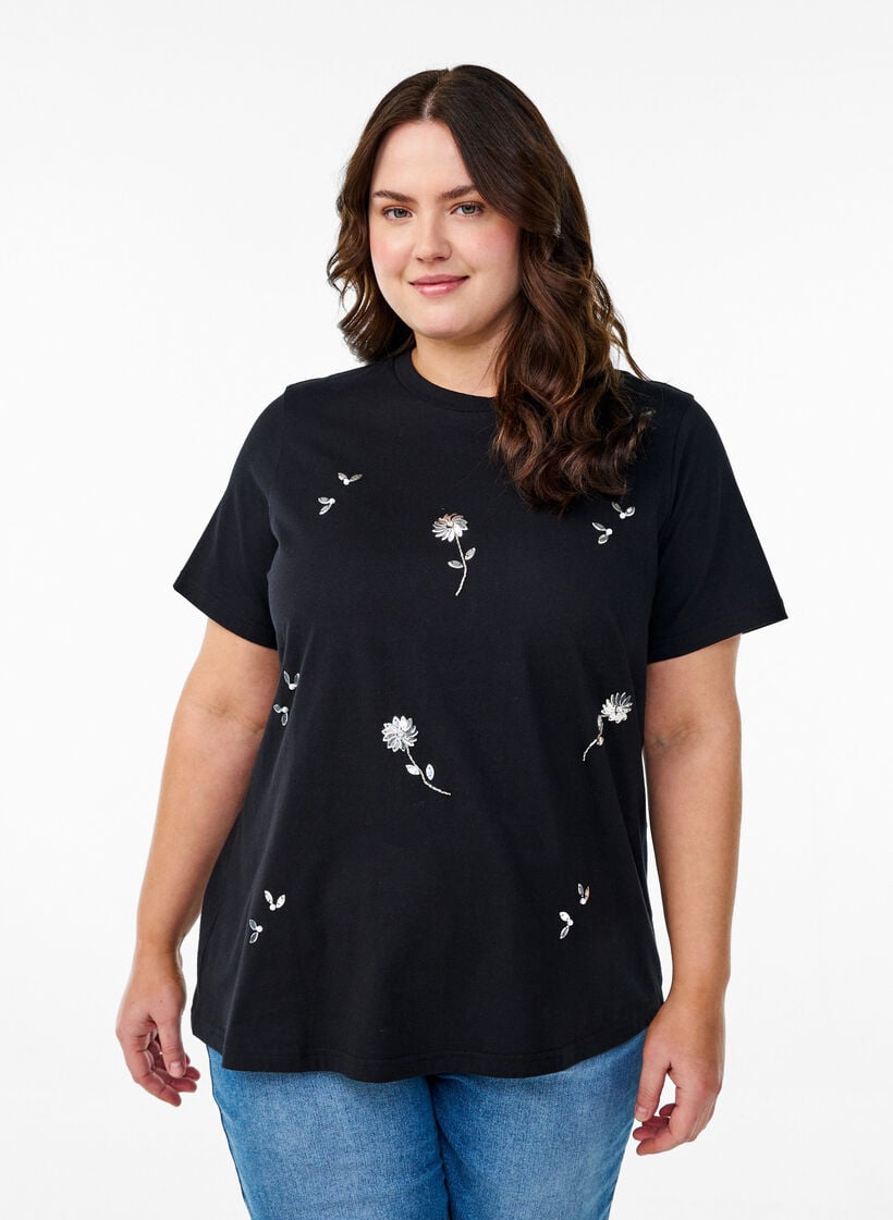 T-shirt with sequin flowers, Black, Model image number 0