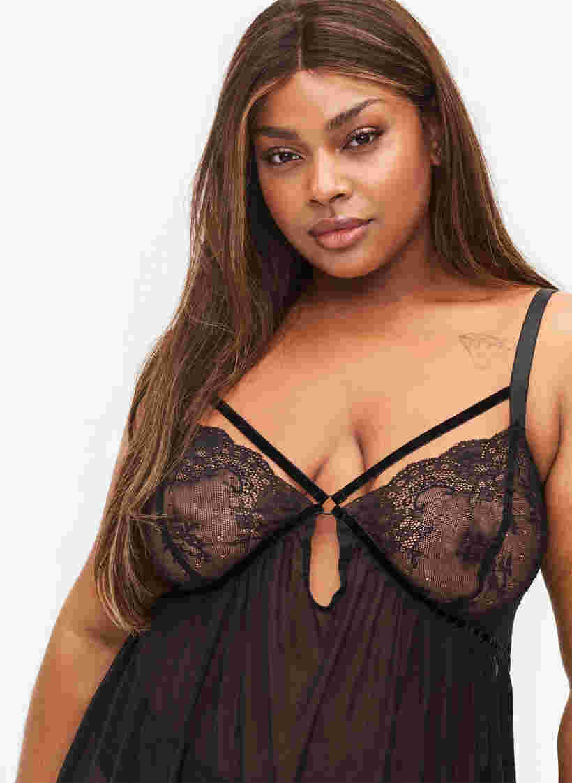 Transparent chemise with lace, Black, Model image number 2