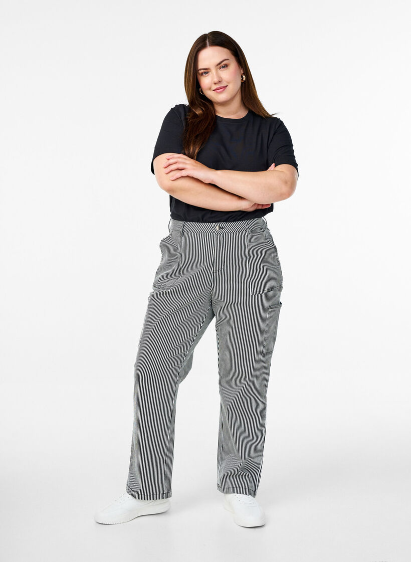 High-waisted striped cargo jeans, Black, Model image number 0