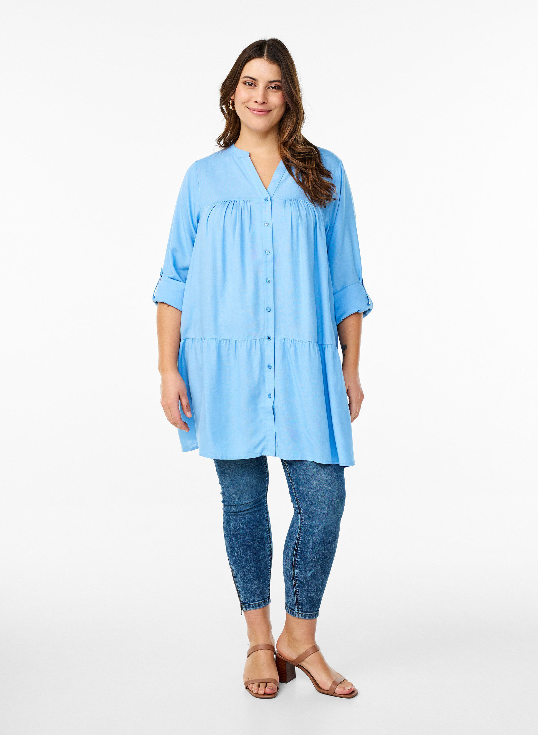 Zizzifashion Tunic with V-neckline and gathered details, Light Blue, Model image number 1