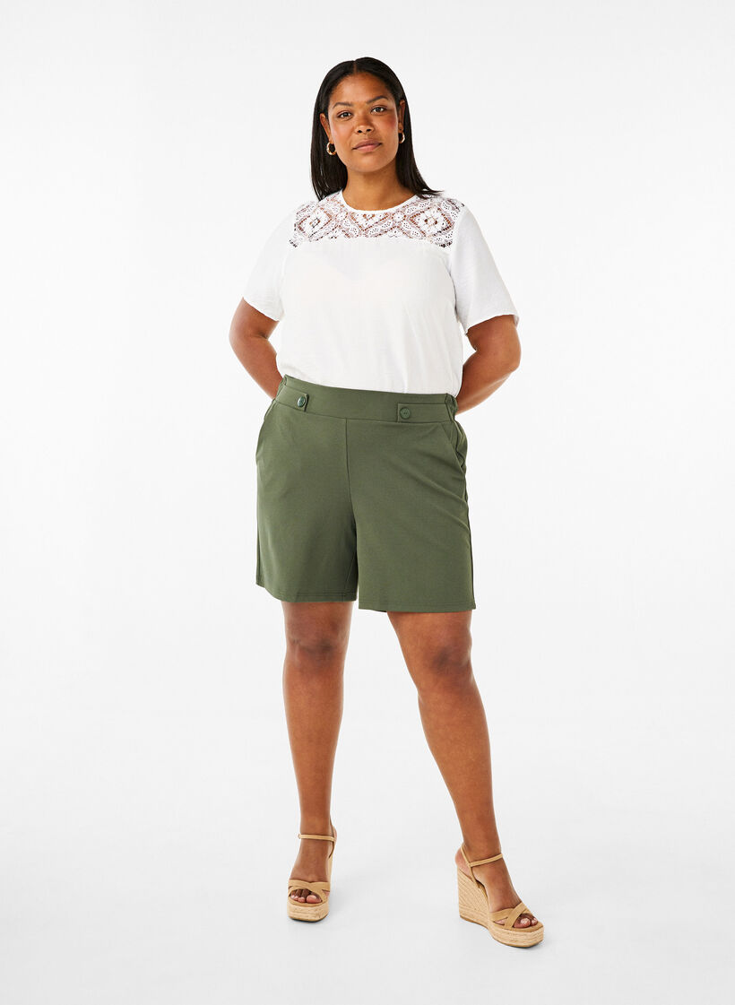 Short-sleeved viscose blouse with lace detail, Bright White, Model image number 3