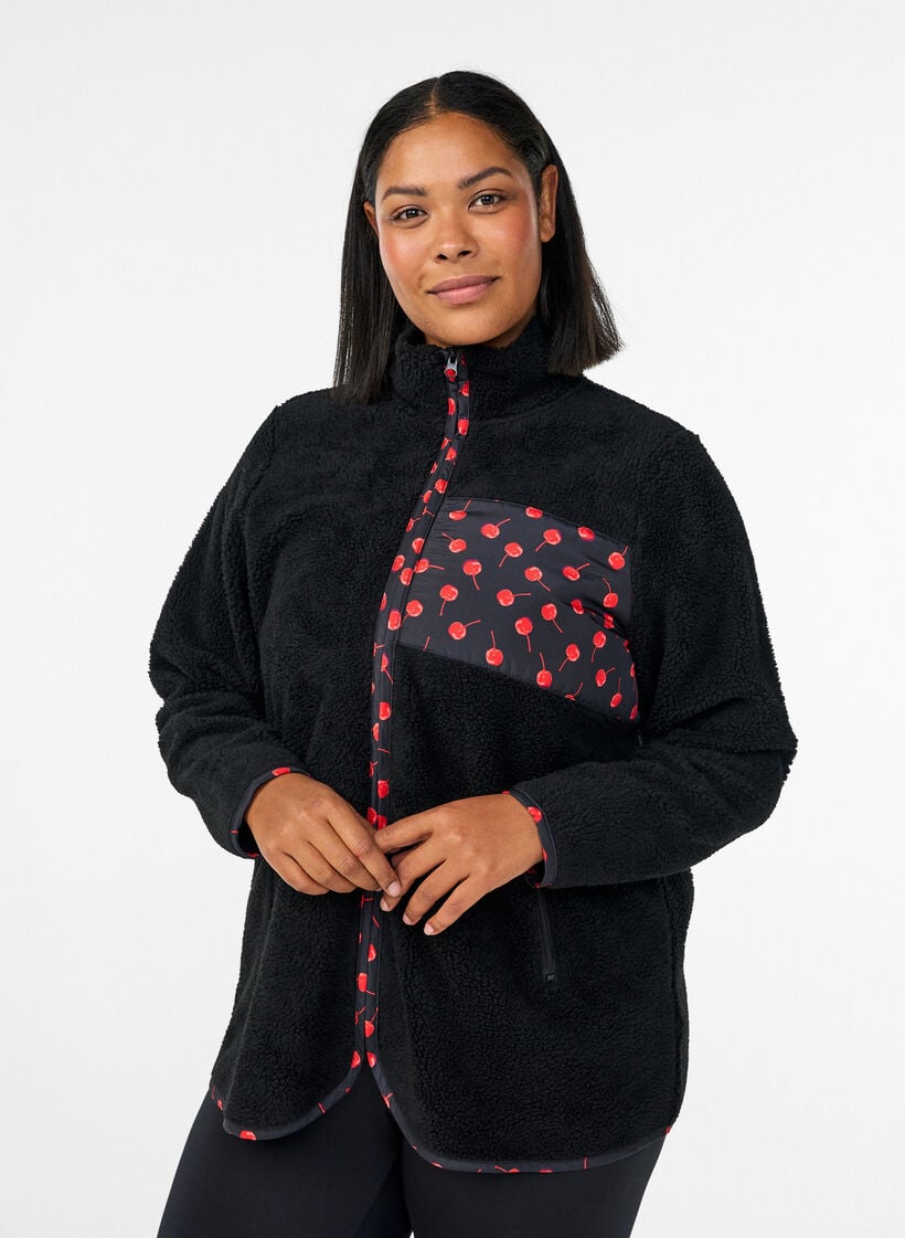 Teddy-fleece jacket with cherry details, Black, Model image number 0