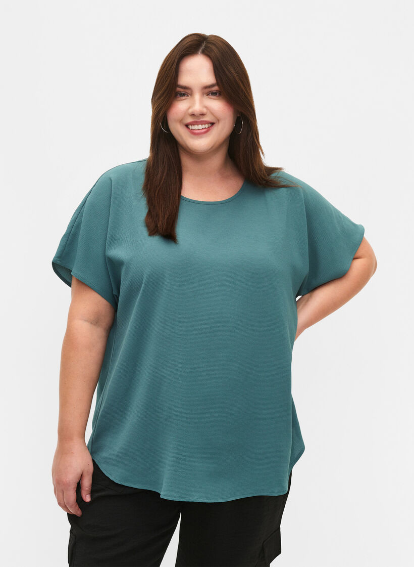 Blouse with short sleeves and a round neckline, Green, Model image number 0
