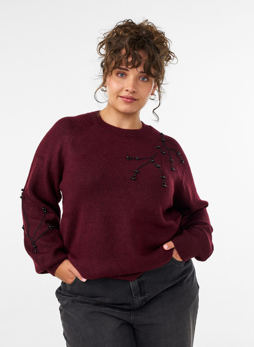 Jumper with pearl embroidery, Red, Model image number 0