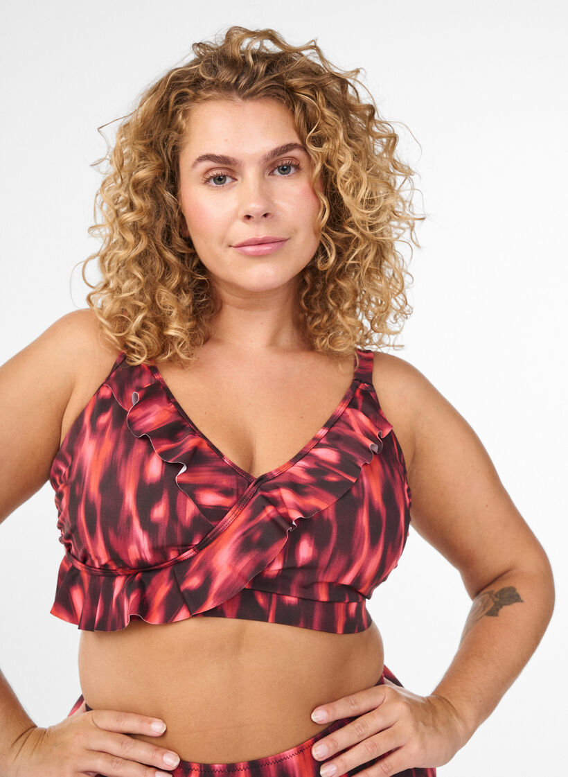 Bikini top with print and ruffle details, Pink, Model image number 0