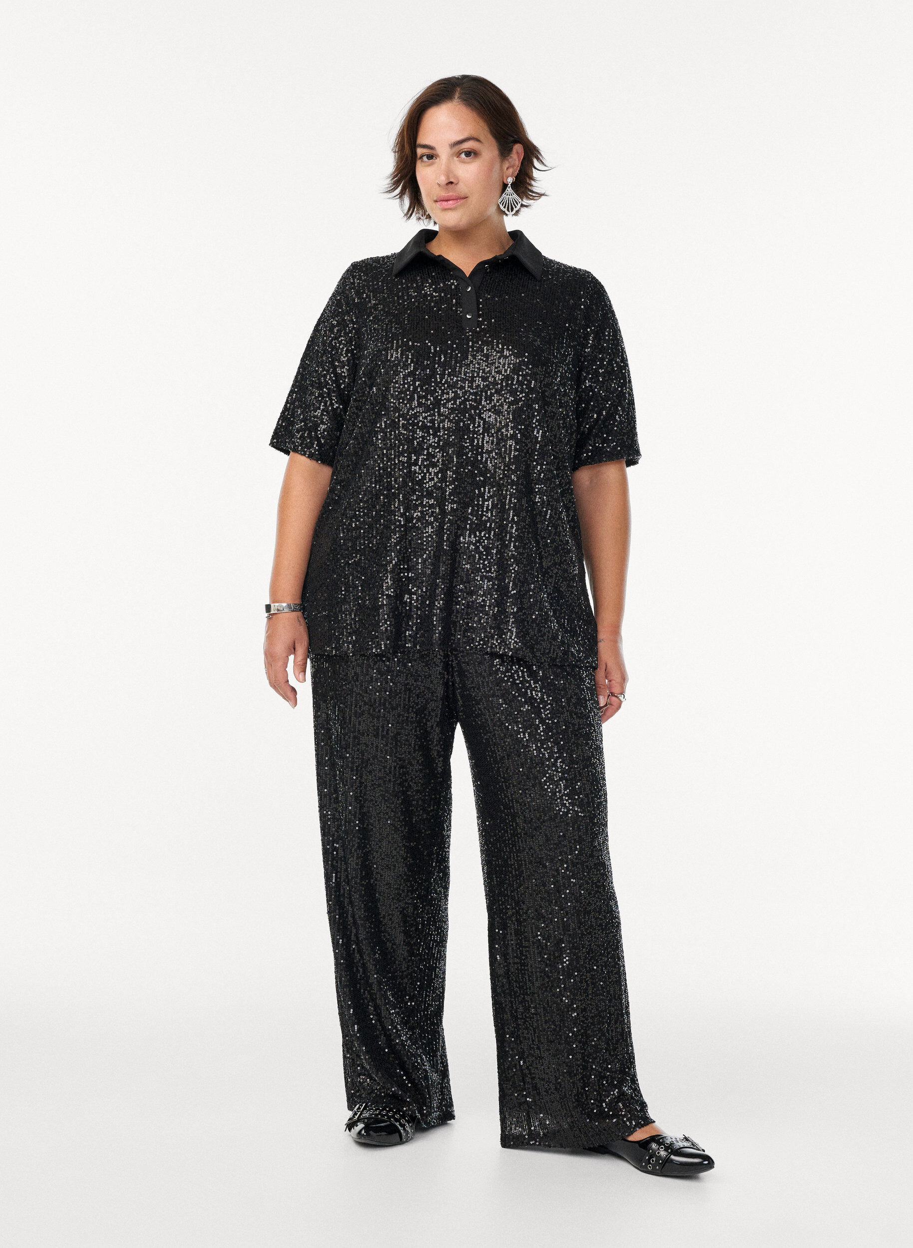 Zizzifashion Sequin blouse with polo collar and short sleeves, Black, Model image number 1