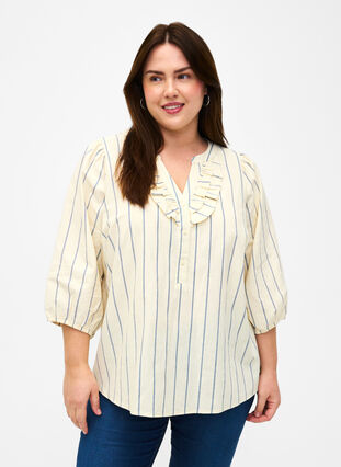 3/4 sleeve cotton Blouse with print, Eggnog Stripe, Model image number 0