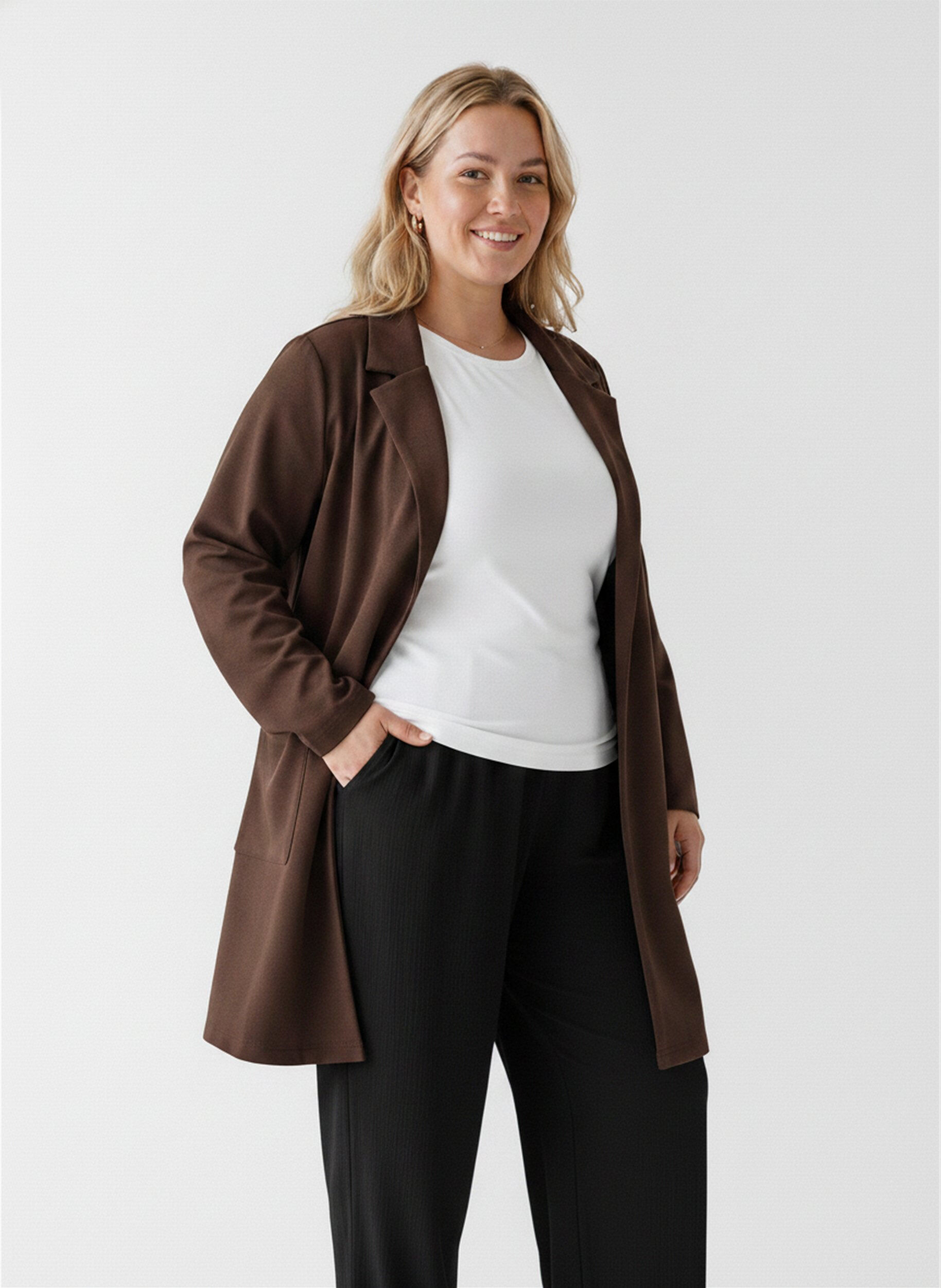 ZizzifashionLong blazer with pockets, Brown, Model image number 0