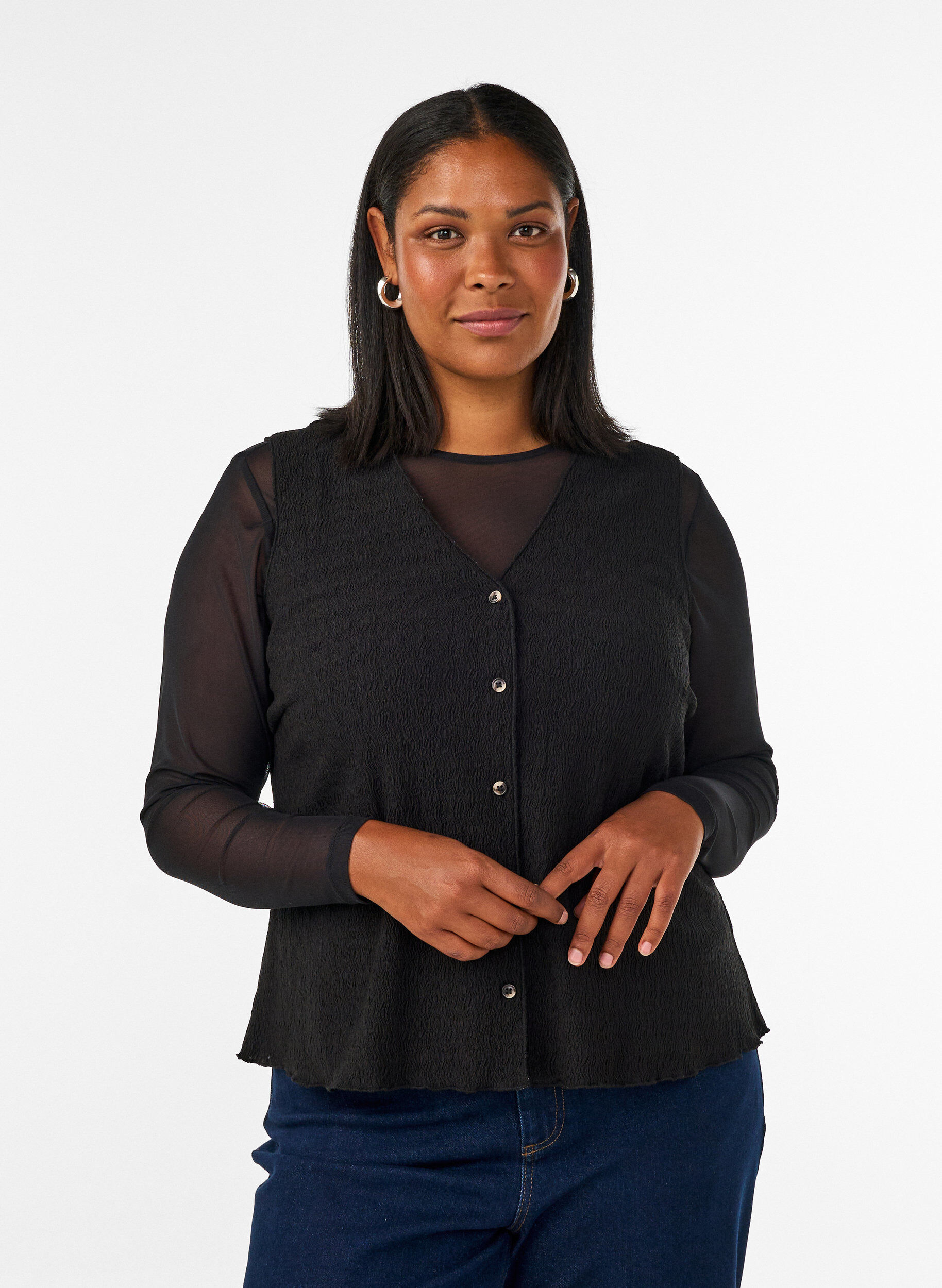 ZizzifashionSleeveless top with a wavy texture and button fastening, Black, Model image number 0