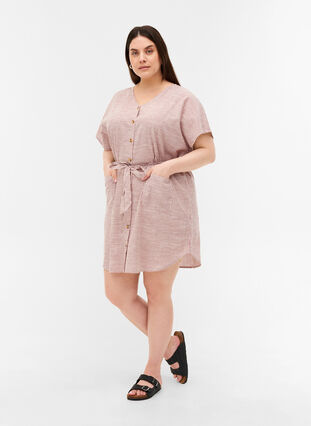 Striped shirt dress in cotton with pockets, Dry Rose Stripe, Model image number 2