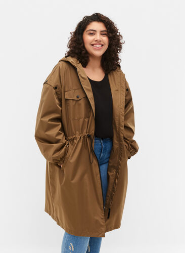 Windproof parka jacket with adjustable waist, Teak, Model image number 0