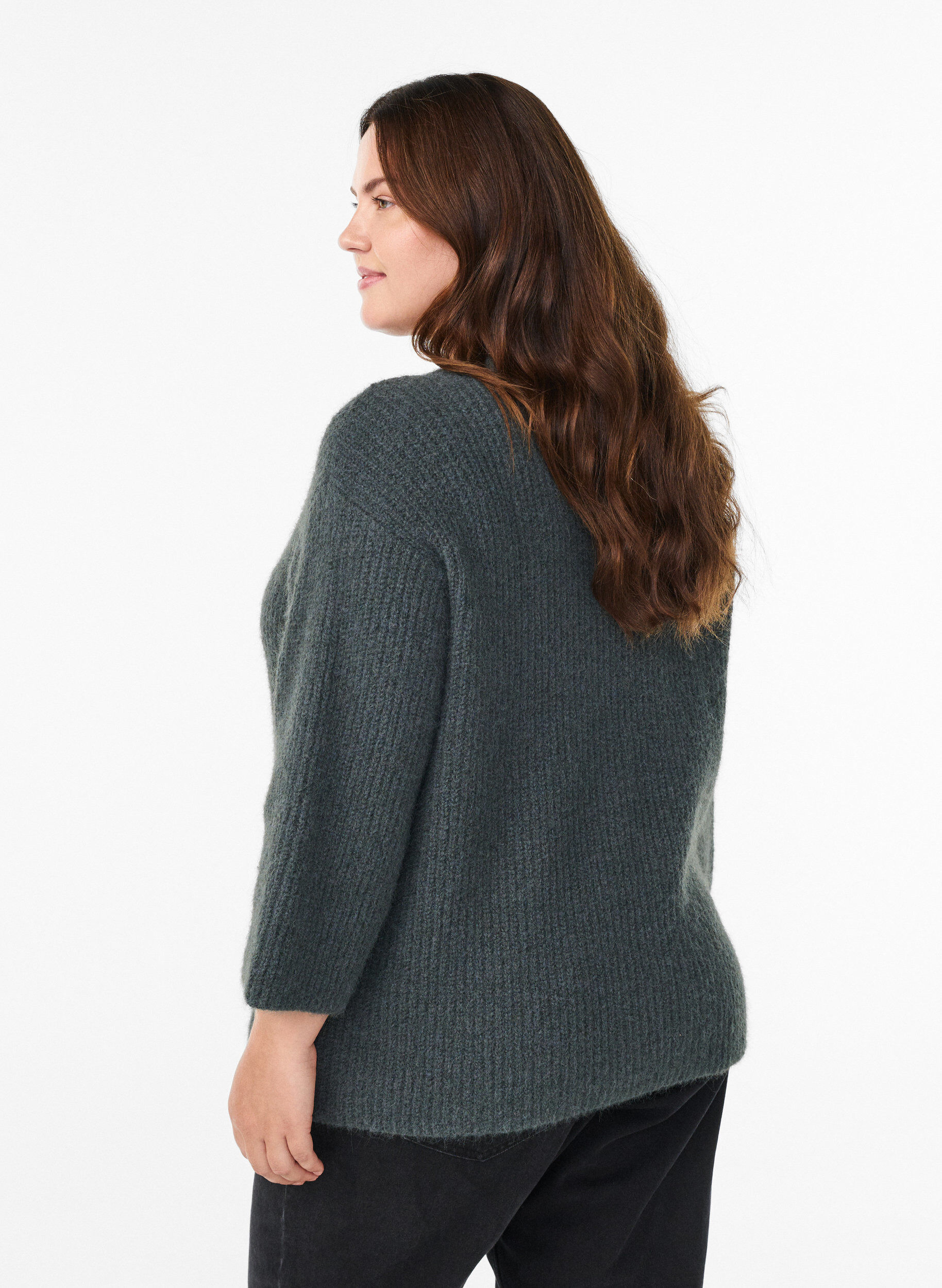 Zizzifashion Short cardigan with 3/4-sleeves and golden textured buttons, Green, Model image number 2