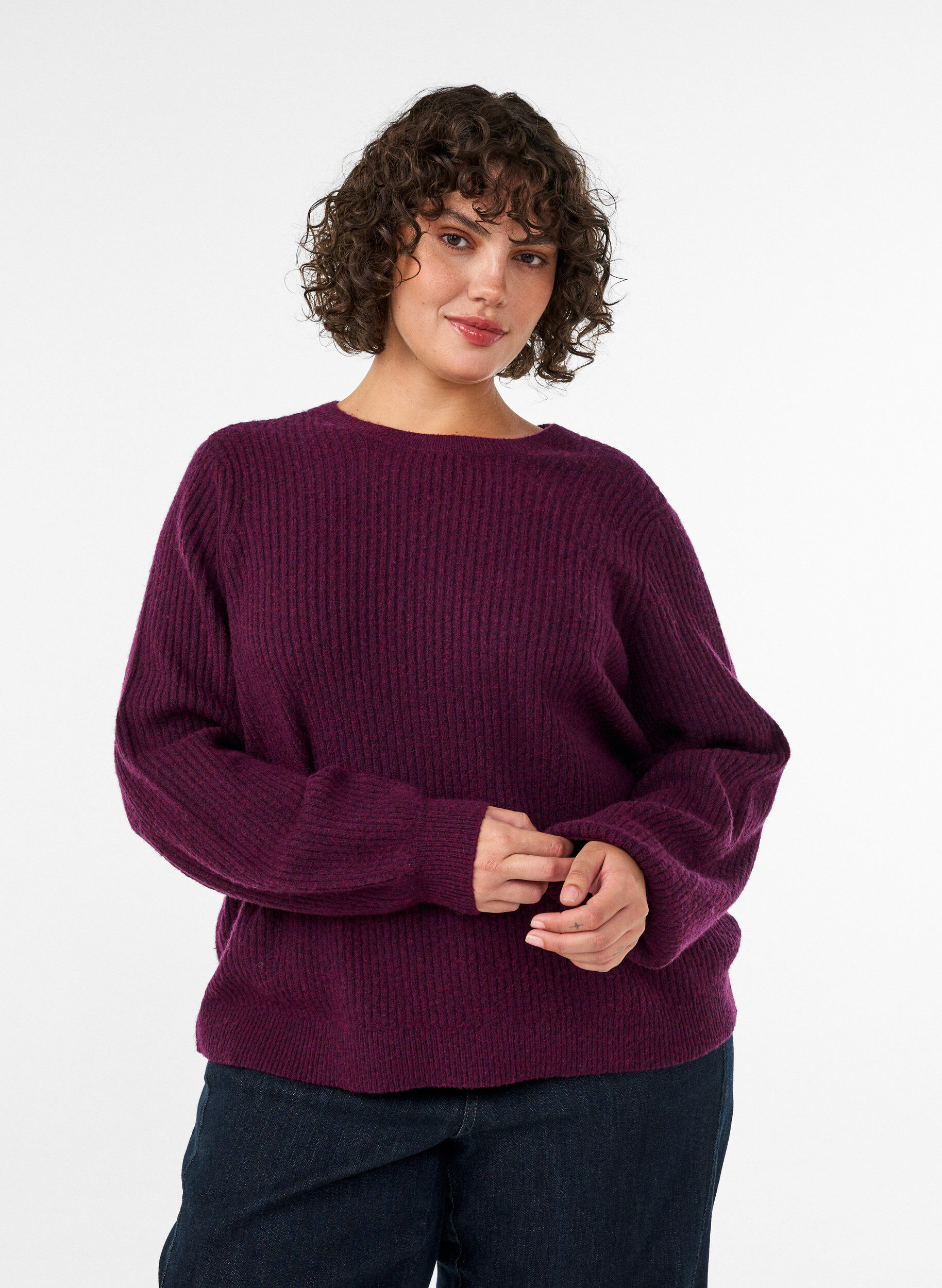 ZizzifashionRibbed jumper with balloon sleeves, Purple, Model image number 3