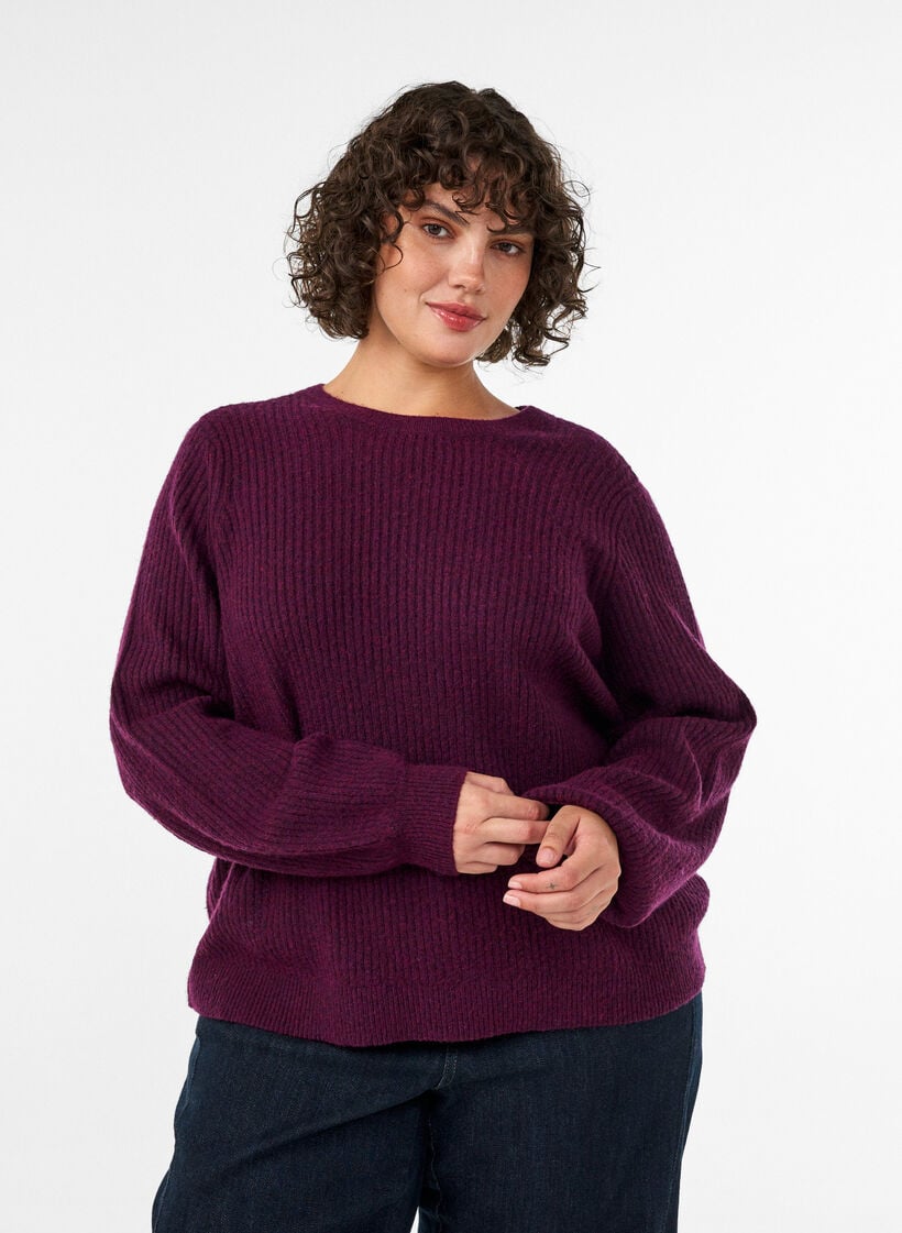 Ribbed jumper with balloon sleeves, Purple, Model image number 3