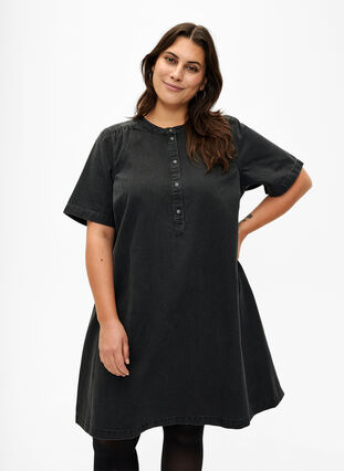 A-shape denim dress with short sleeves, Grey Denim, Model image number 0