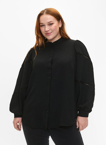 Shirt blouse with crochet details, Black, Model image number 0