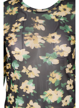Tight fit mesh blouse with floral print, Yellow Green AOP, Packshot image number 2