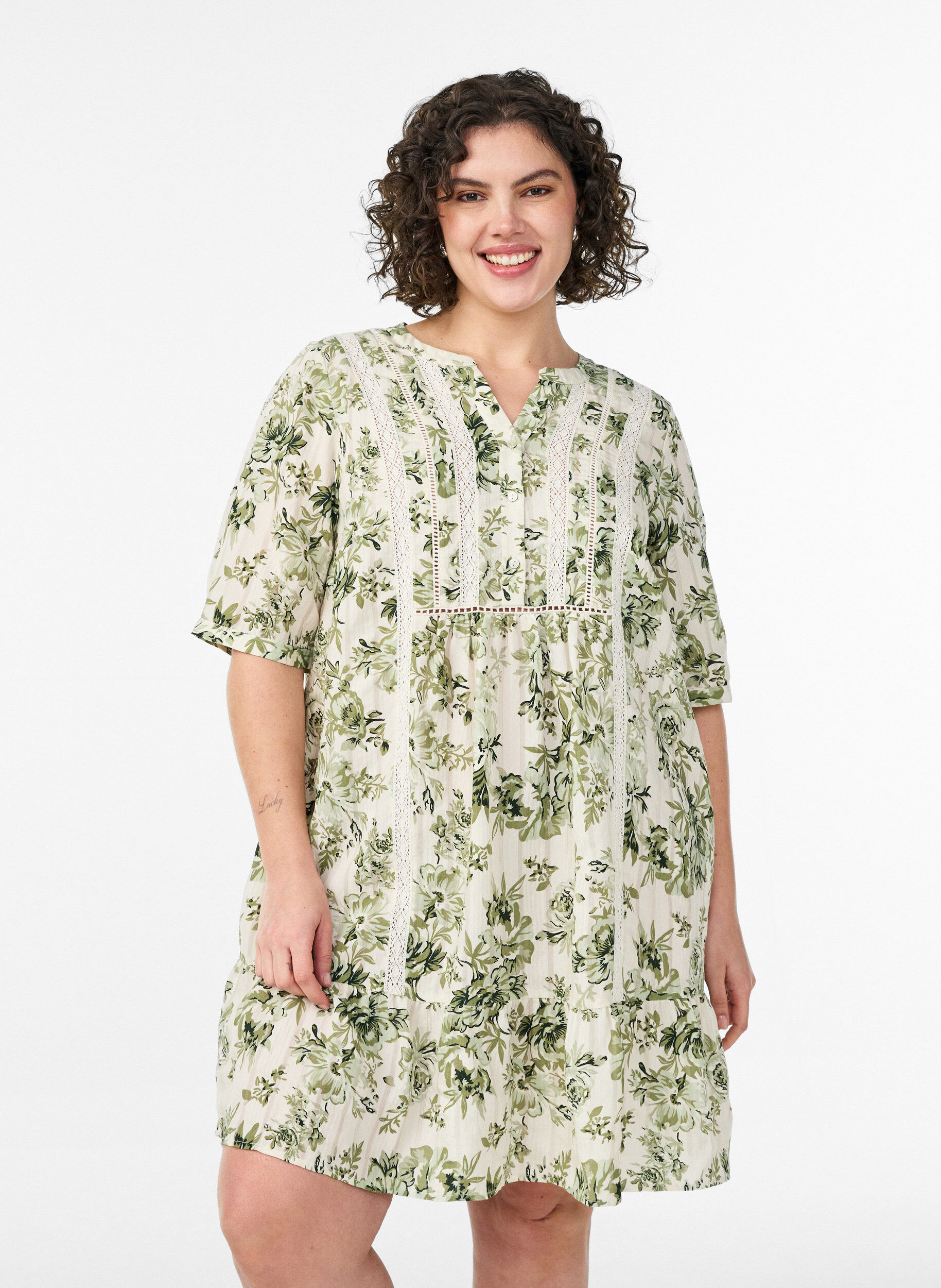 ZizzifashionShort viscose dress with lace trim and A-line cut, Green, Model image number 0