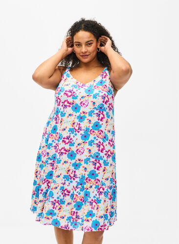 Viscose summer dress with straps, Multi Flower AOP, Model image number 0