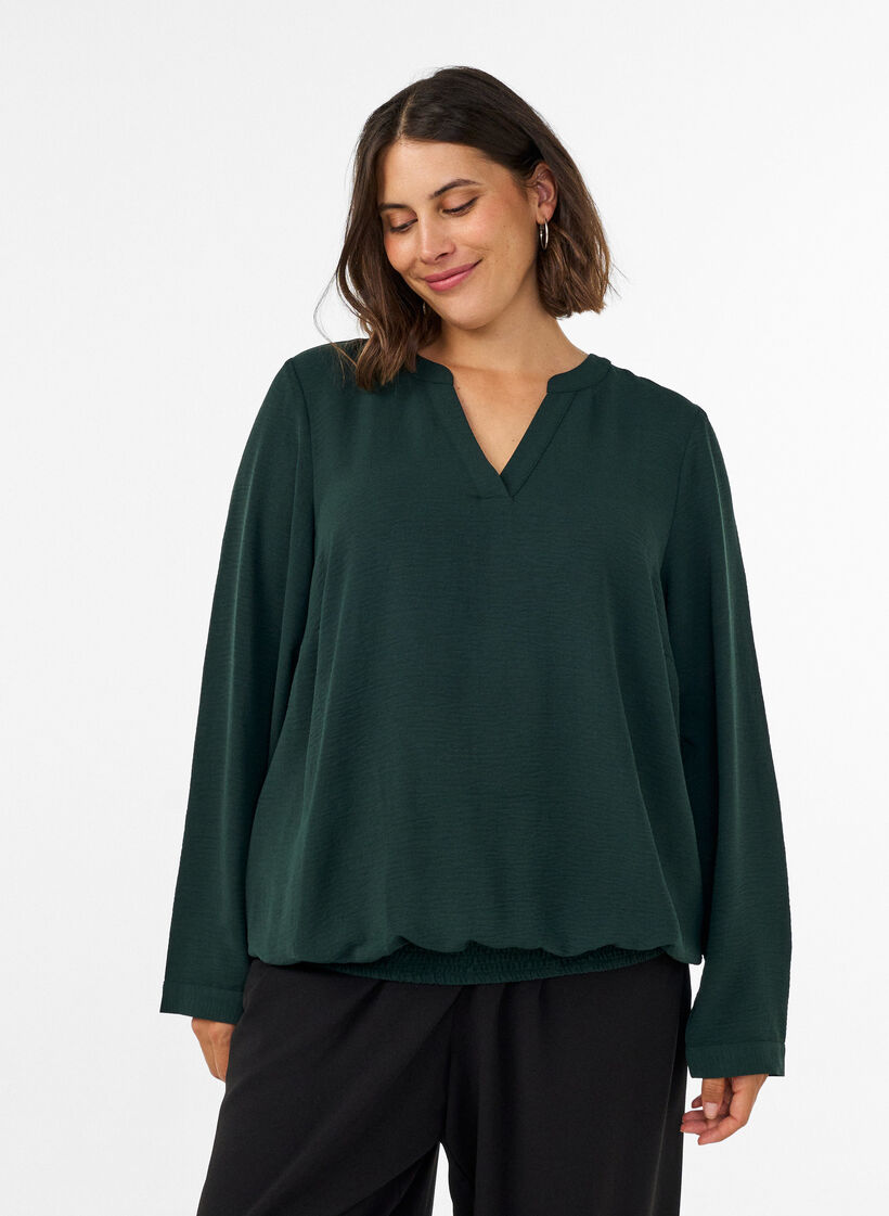 Balloon silhouette blouse with V-neck, Green, Model image number 0