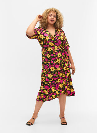 Printed wrap dress with short sleeves , Yellow Pink Flower, Model image number 2