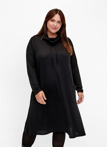 Jersey dress with high neck and pockets, Black, Model image number 0