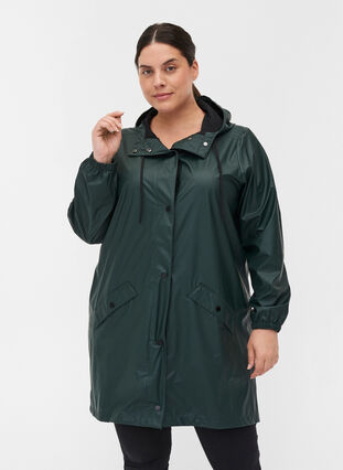 Rain jacket with hood and button fastening, Darkest Spruce, Model image number 0