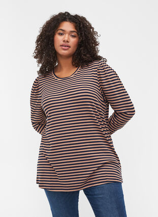 Striped viscose blouse with puff sleeves, Blue Camel Stripe, Model image number 0