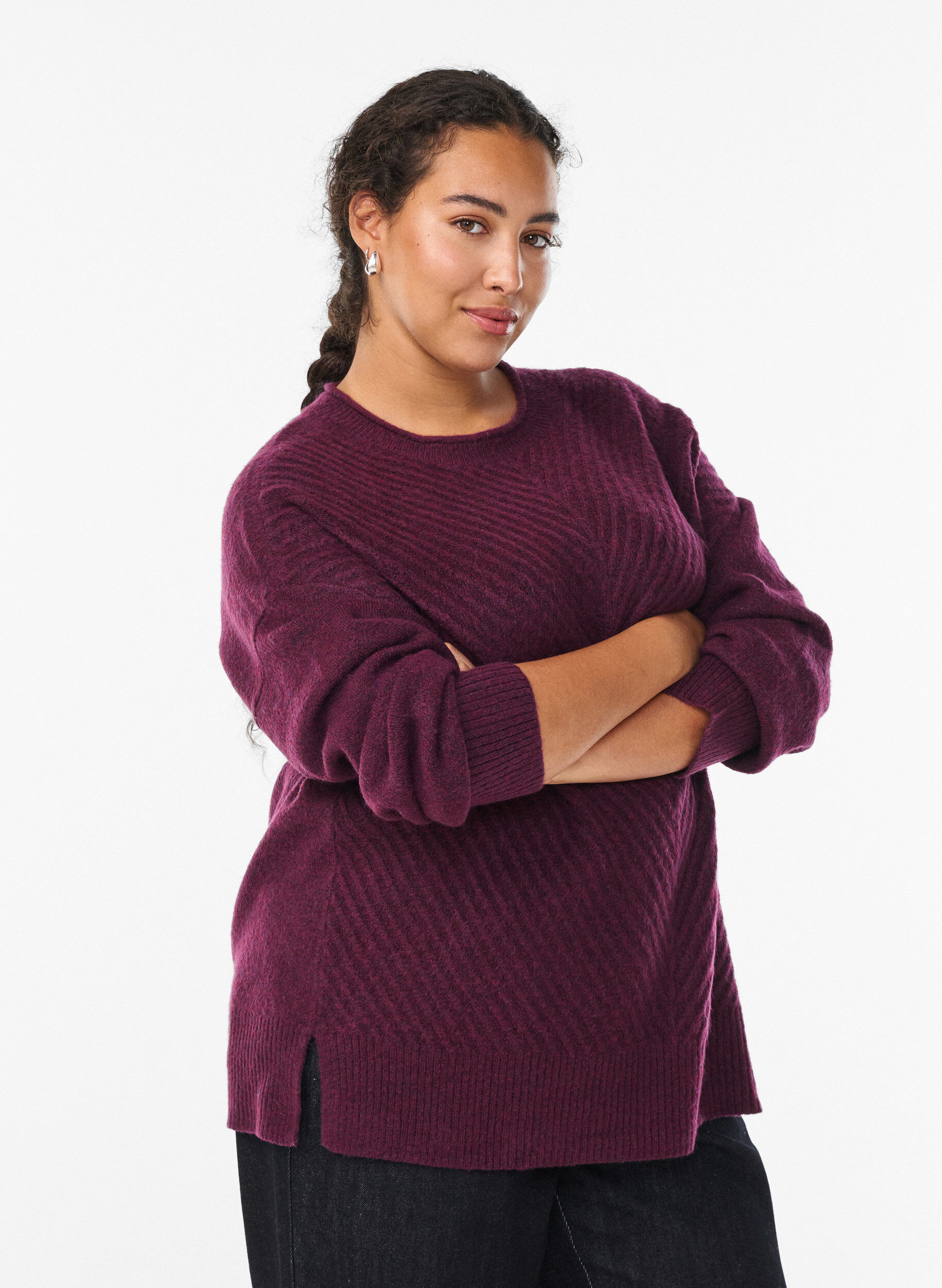 ZizzifashionKnitted blouse with V-shaped rib pattern and slits, Purple, Model image number 0
