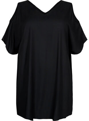 Beach dress with shoulder detail in viscose, Black, Packshot image number 0