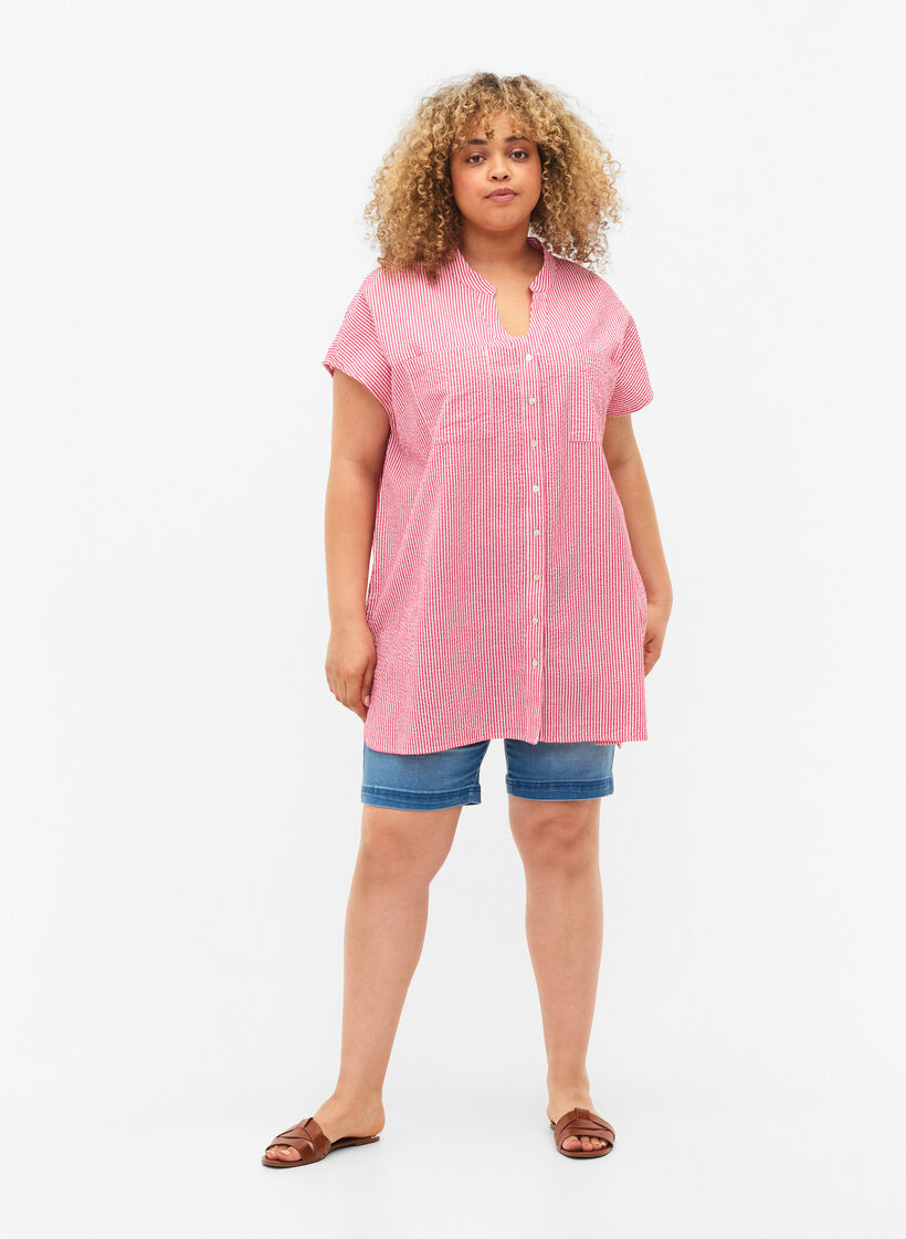 Short-sleeved cotton shirt with stripes, Beetroot P. Stripe, Model image number 2