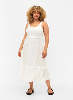 Viscose midi dress with smock, Bright White, Model image number 0