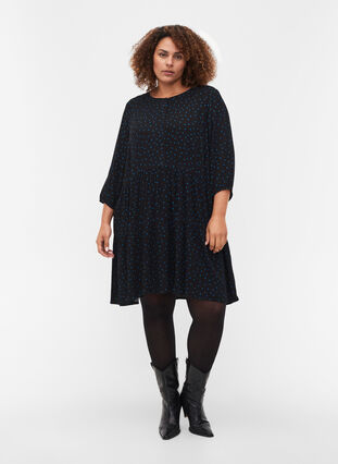 Printed viscose tunic with 3/4 sleeves, Black w. Blue Dot, Model image number 2