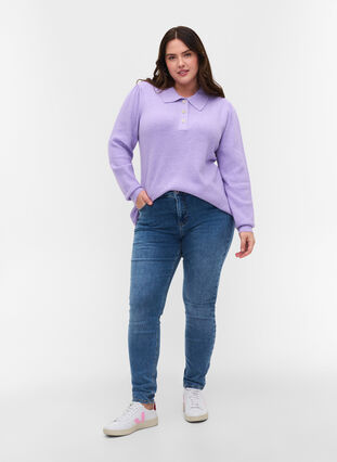 Knitted blouse with collar and embellished buttons, Purple Rose Mel., Model image number 2