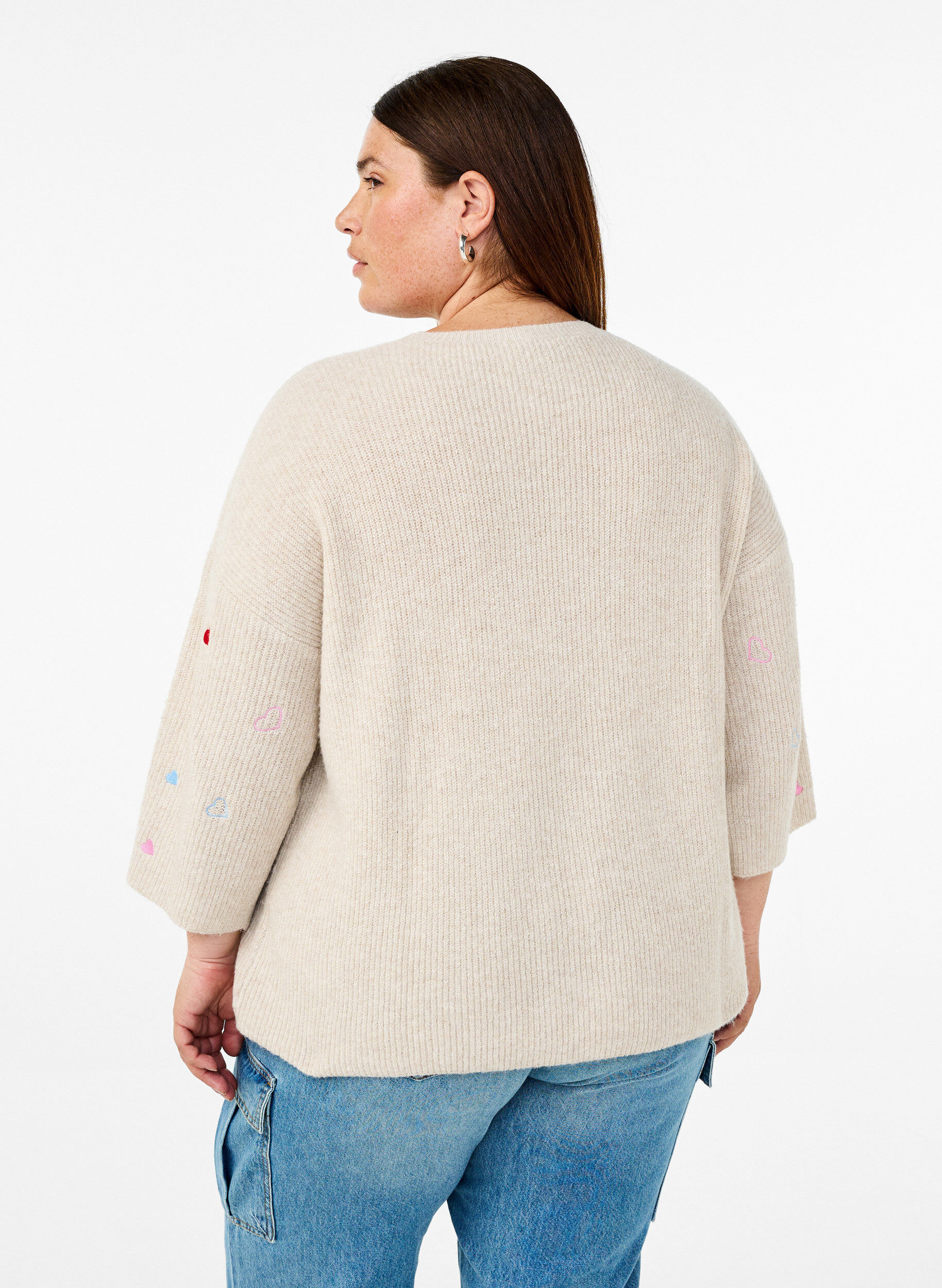 ZizzifashionKnitted blouse with hearts and 3/4 sleeves, Beige, Model image number 2