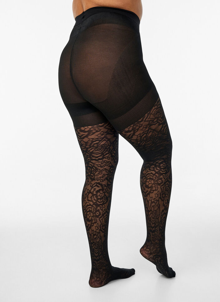 70 denier push-up tights with rose pattern, Black, Packshot image number 1