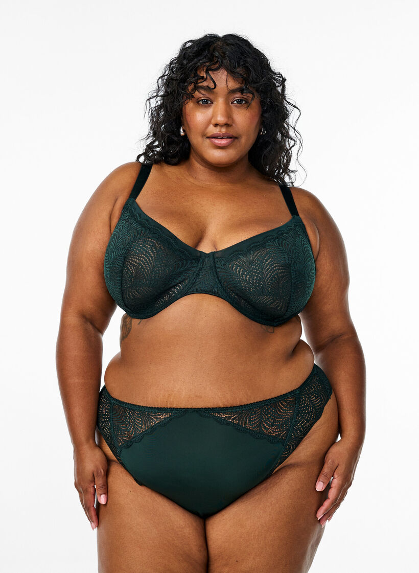 Microfibre thong with lace details, Green, Model image number 0